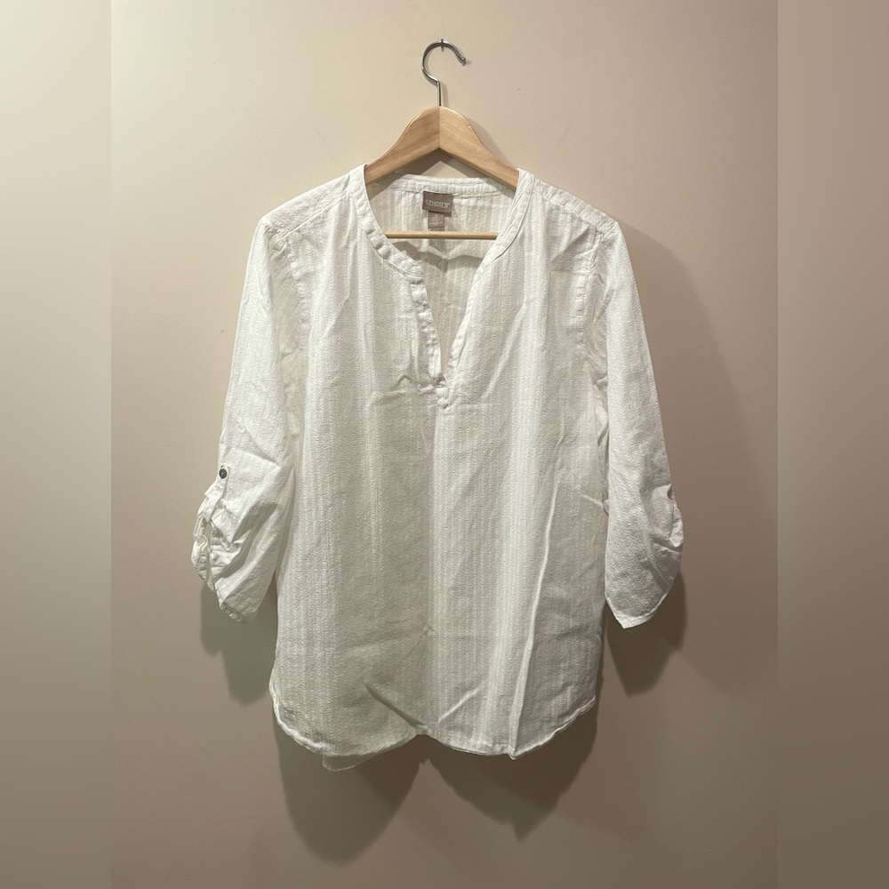 Chico's White Split-V Tunic with Roll-Tab Sleeves